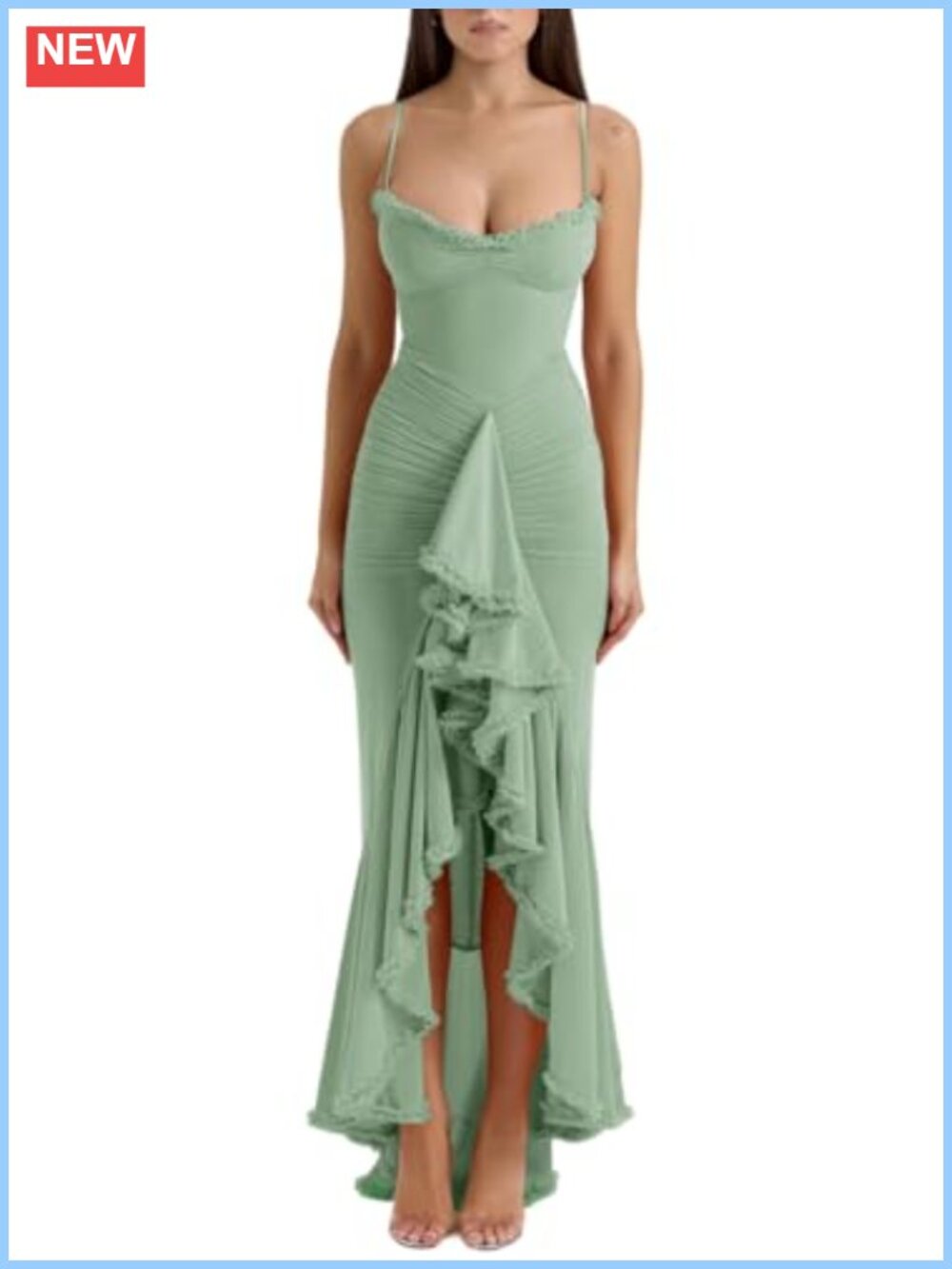Mesh Bodycon Maxi Dress Ruffle Fishtail Formal Wedding Guest